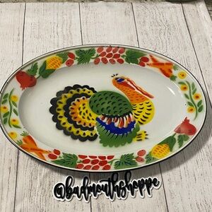 Vintage Metal Enamel Turkey Thanksgiving Platter Plate - Green Yellow